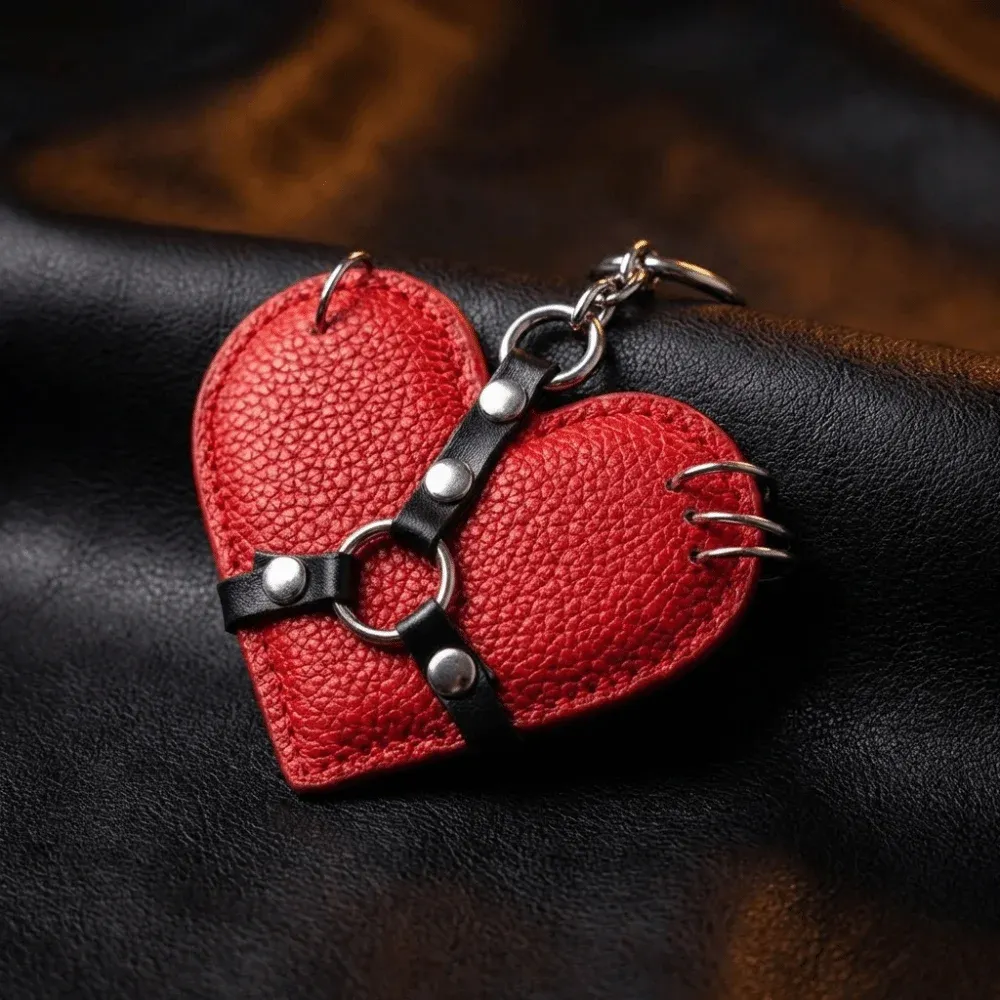 Porte-Clés Cœur Rouge à Harnais Noir – Charm Gothique pour Sac