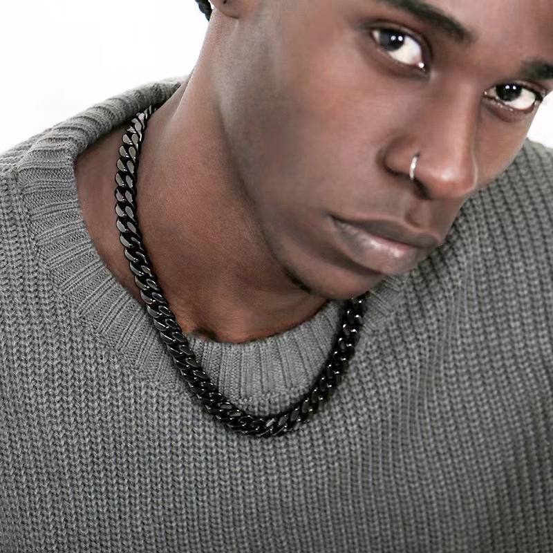 Collier Chaîne Cubaine Noir – Acier Inoxydable Punk – Image 2