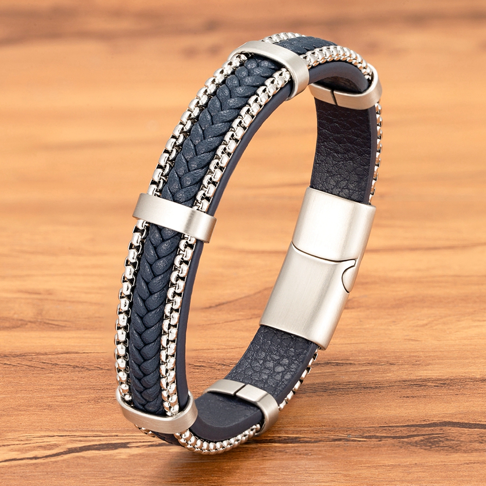 Bracelet Punk en Cuir Tressé Bleu – Acier Inoxydable