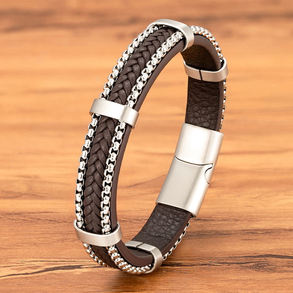 Bracelet Punk en Cuir Tressé Marron – Acier Inoxydable