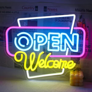 Enseigne Néon OPEN – Lumière Multicolore 38 × 32 cm