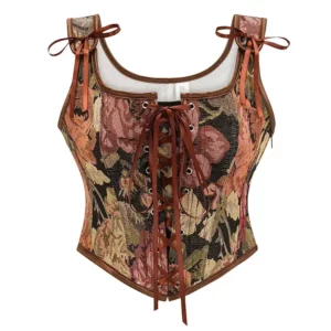 Top Corset Floral à Laçage Marron
