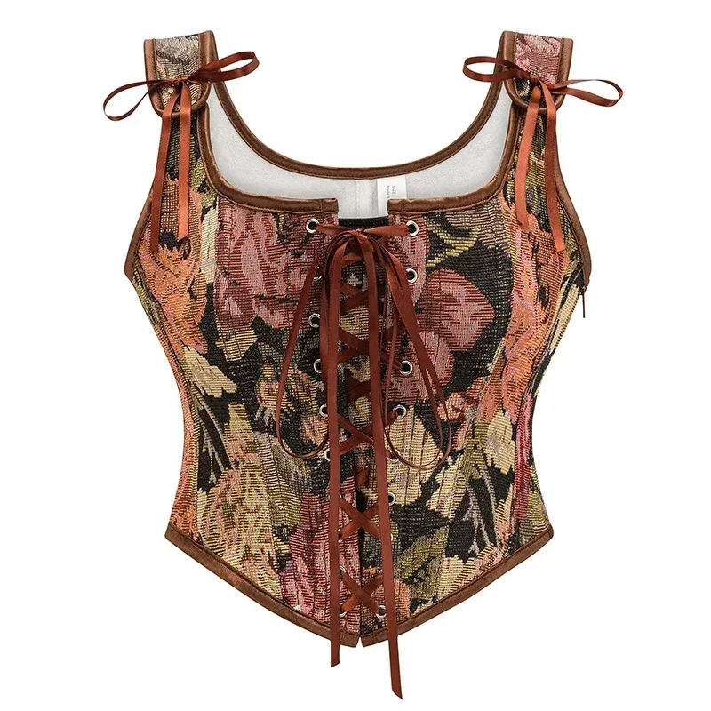 Top Corset Floral à Laçage Marron