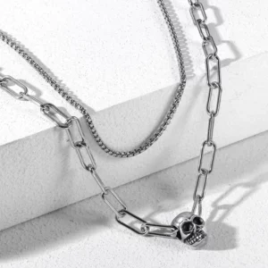 Choker Double Chaîne avec Crâne Argenté
