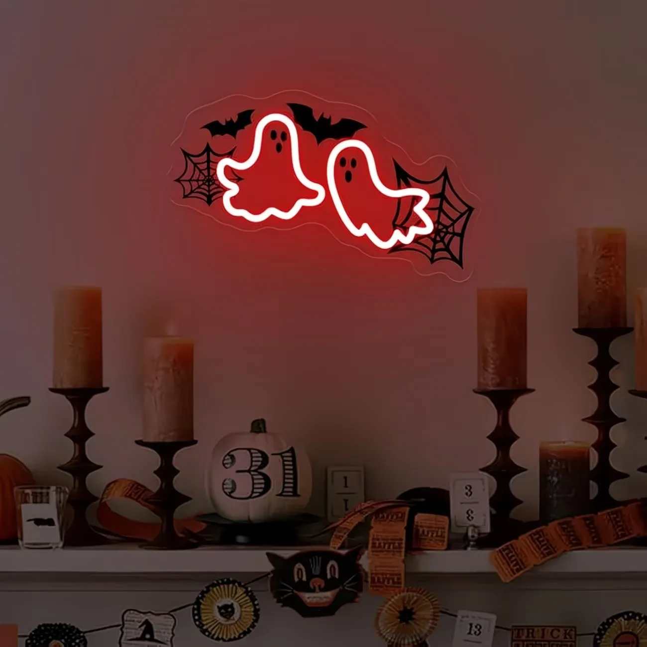 Enseigne LED Fantômes & Chauves-Souris Rouge – Déco Gothique USB