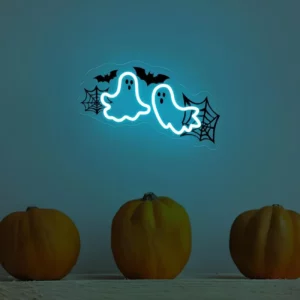 Enseigne LED Fantômes & Chauves-Souris Bleue – Déco Gothique USB