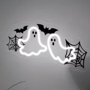 Enseigne LED Fantômes & Chauves-Souris Blanche – Déco Gothique USB