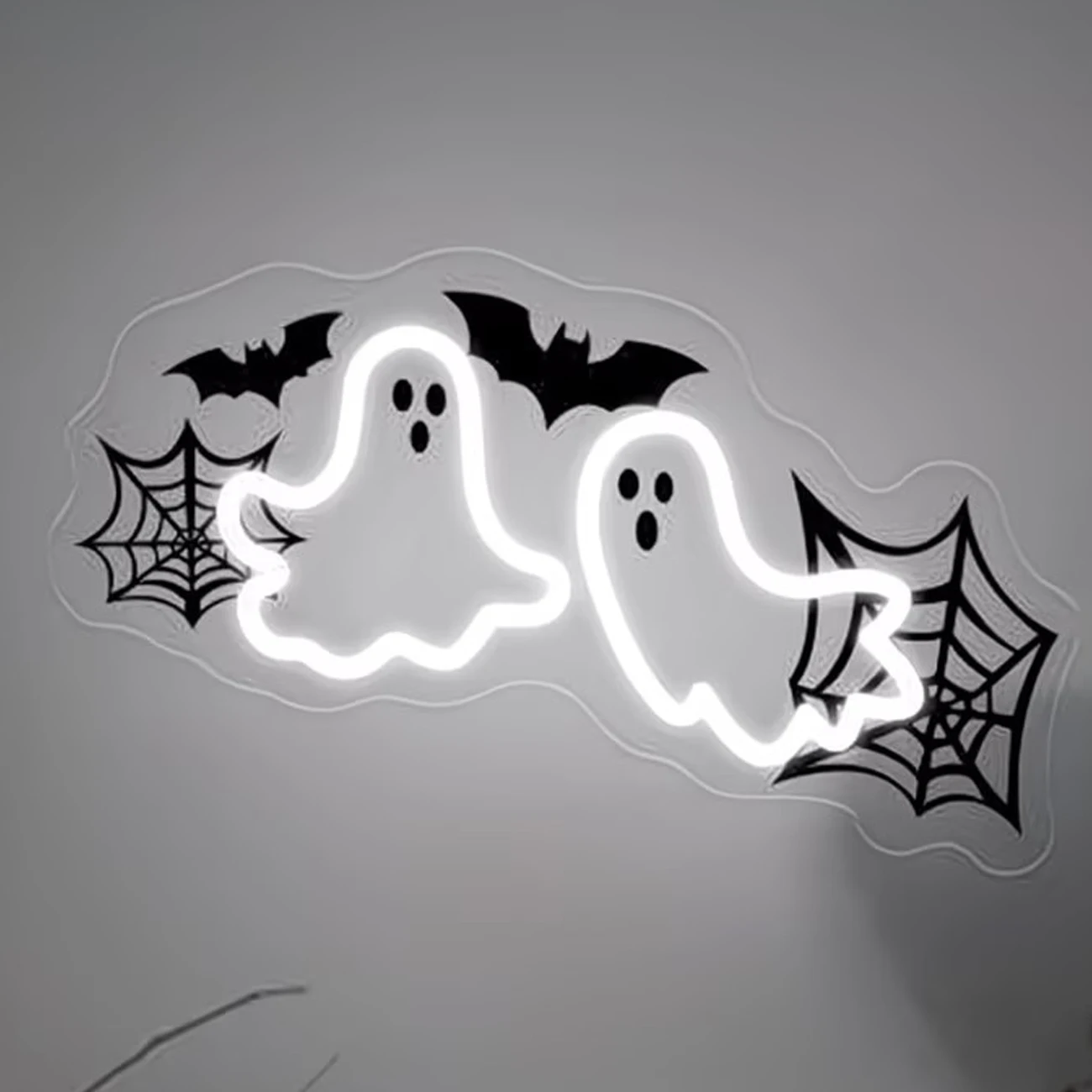 Enseigne LED Fantômes & Chauves-Souris Blanche – Déco Gothique USB