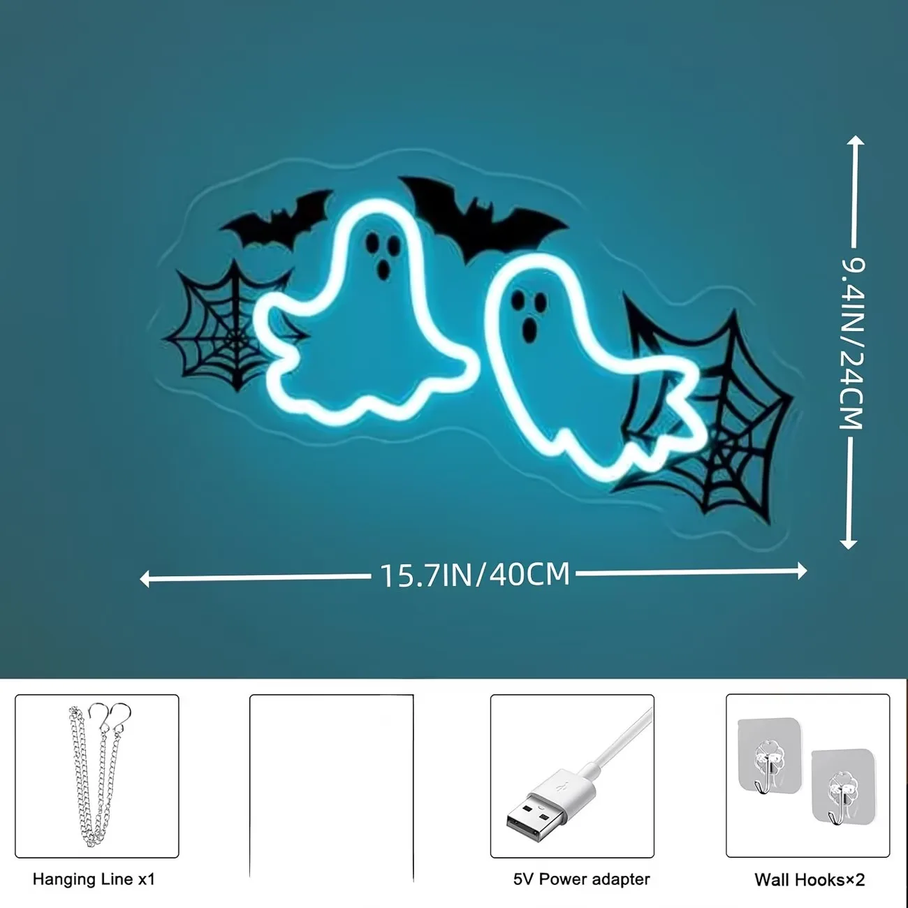 Enseigne LED Fantômes & Chauves-Souris Blanche – Déco Gothique USB – Image 2