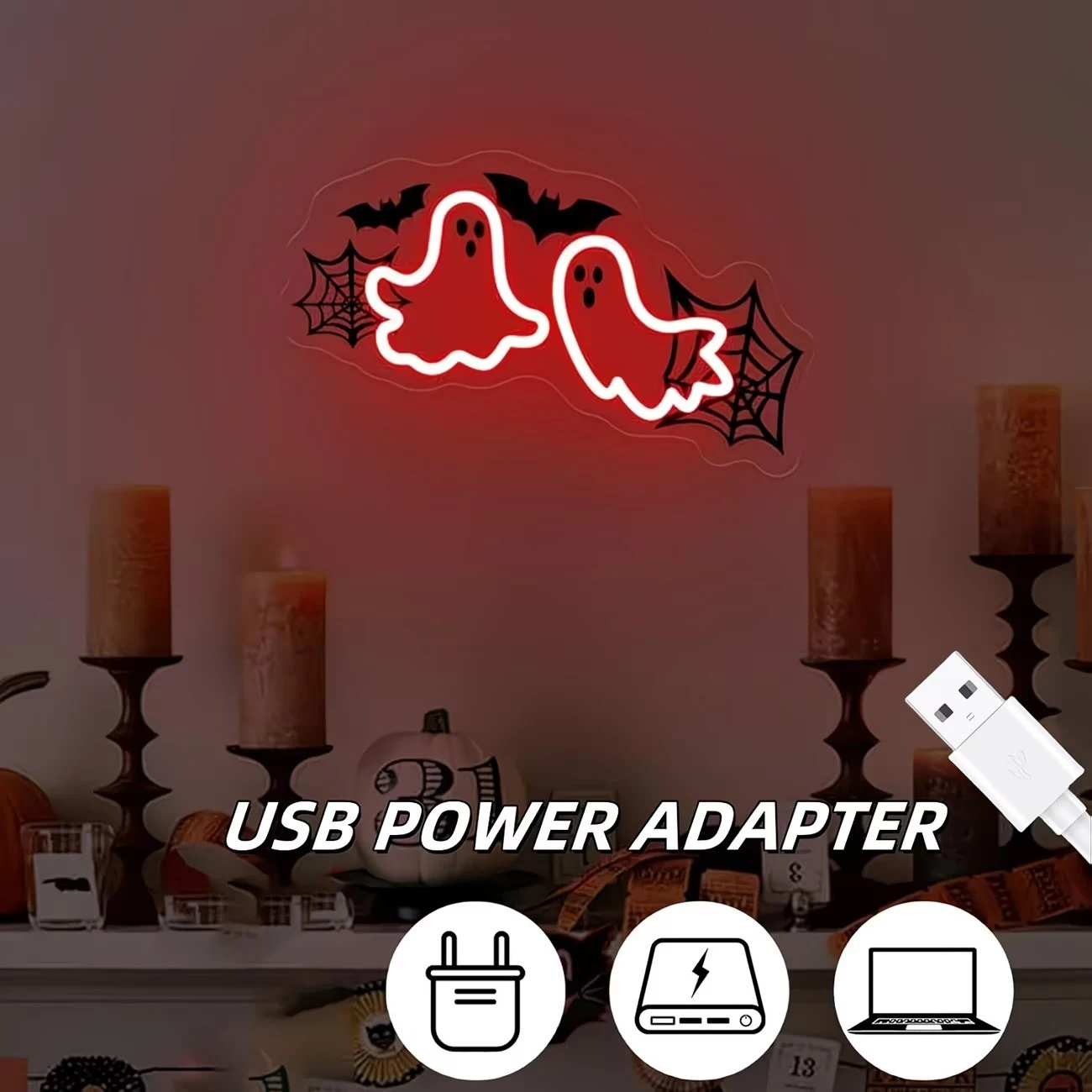 Enseigne LED Fantômes & Chauves-Souris Rouge – Déco Gothique USB – Image 3