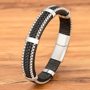 Bracelet Punk Tressé en Cuir Noir et Acier