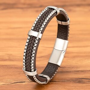 Bracelet Punk Tressé en Cuir Marron et Acier