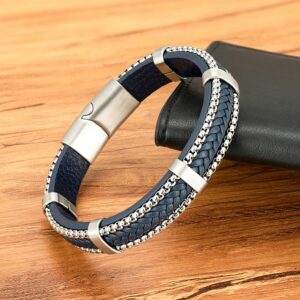 Bracelet Punk Tressé en Cuir Bleu et Acier