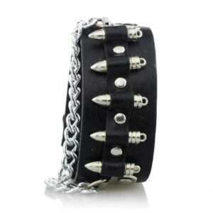Bracelet manchette noir en cuir avec chaîne et pointes argentées