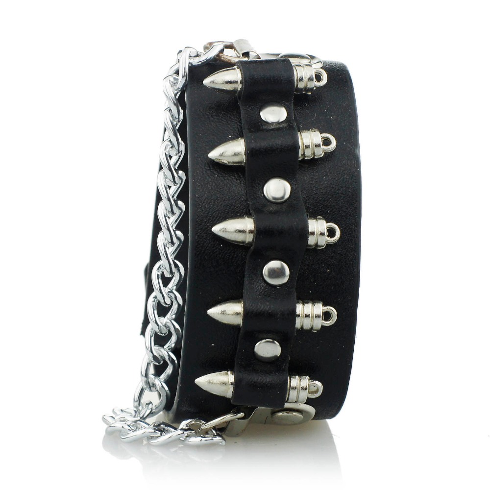 Bracelet manchette noir en cuir avec chaîne et pointes argentées