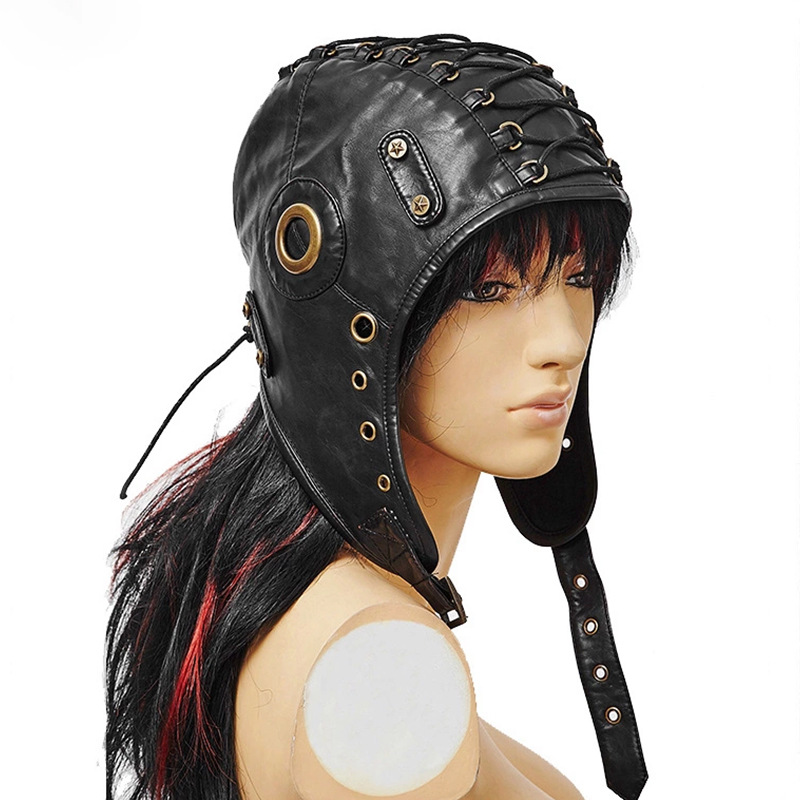 Coiffe punk noire en similicuir avec laçage et œillets métalliques