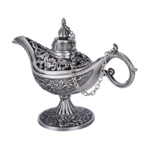 Brûle-encens oriental en métal argenté avec motifs sculptés et chaîne