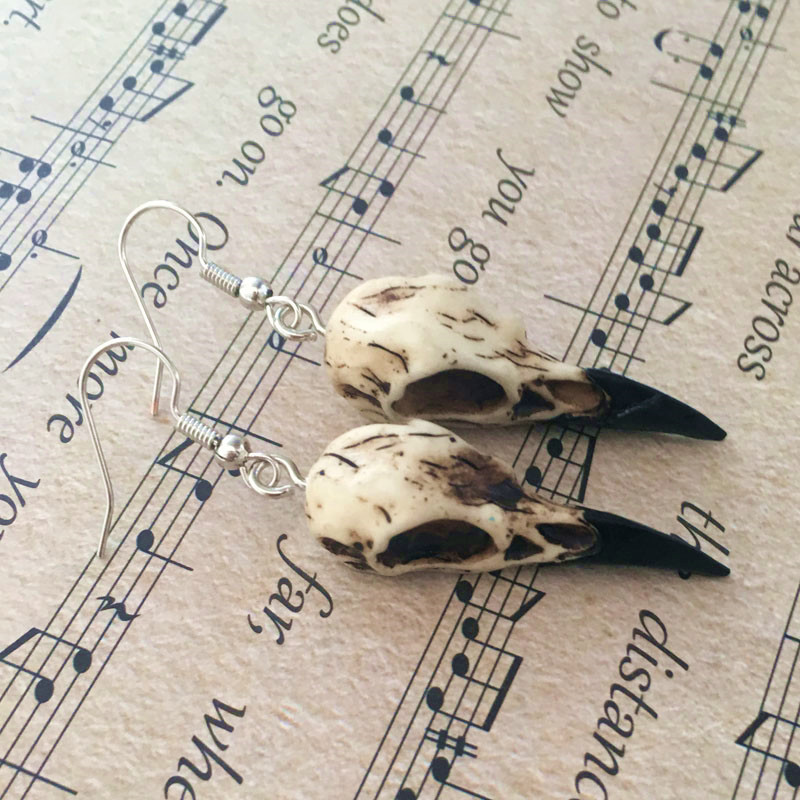 Boucles d’Oreilles Crânes de Corbeau – Résine Gothique