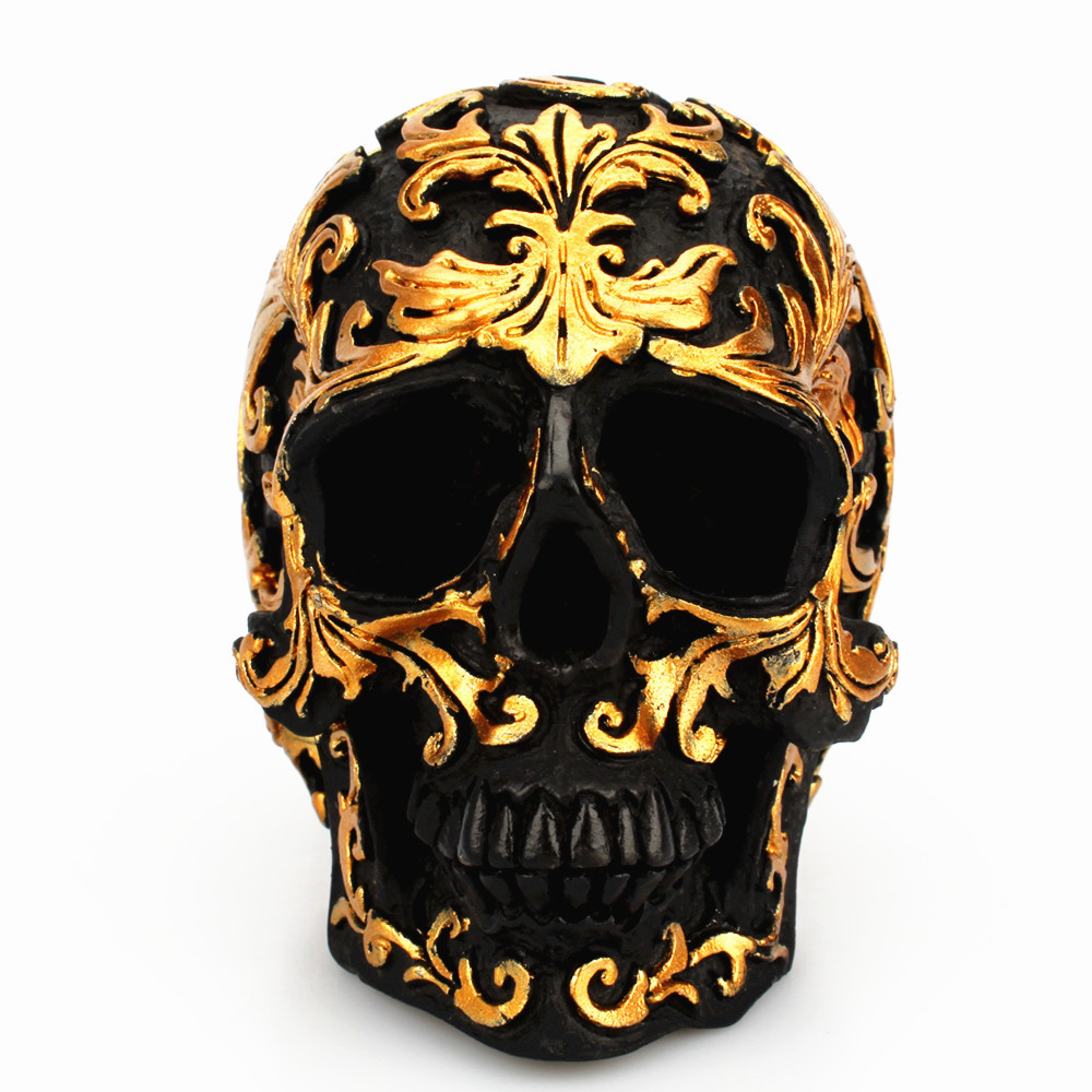 Sculpture Crâne Gothique Noir et Or en Résine – Décoration Baroque