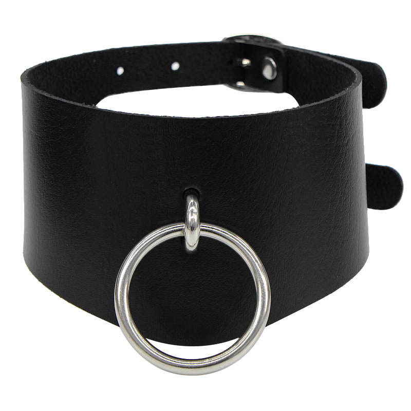 Collier ras-de-cou punk noir avec anneau argenté
